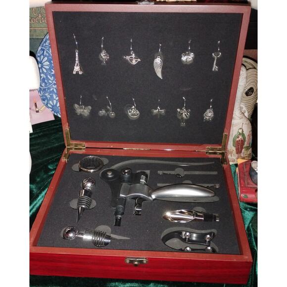 Vintage Barware Set Rabbit Opener in Wood Case w/ Charms & Accessories - Picture 3 of 8